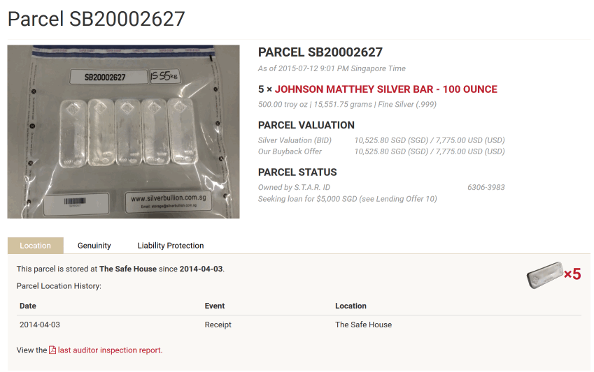 Sample Silver Bullion Parcel used as Collateral